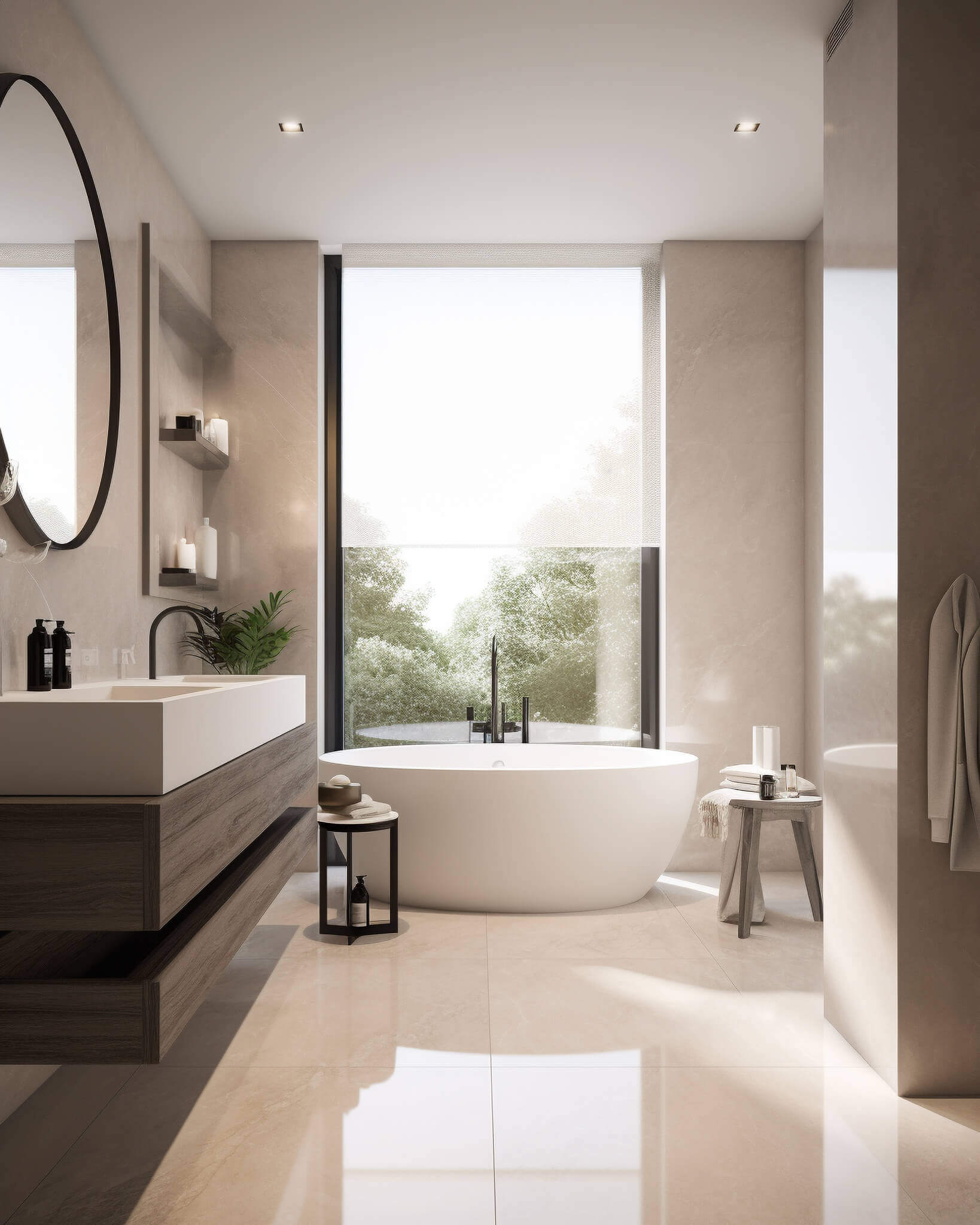 Helles, modernes Badezimmer mit großem Fenster Helles, modernes Badezimmer mit großem Fenster