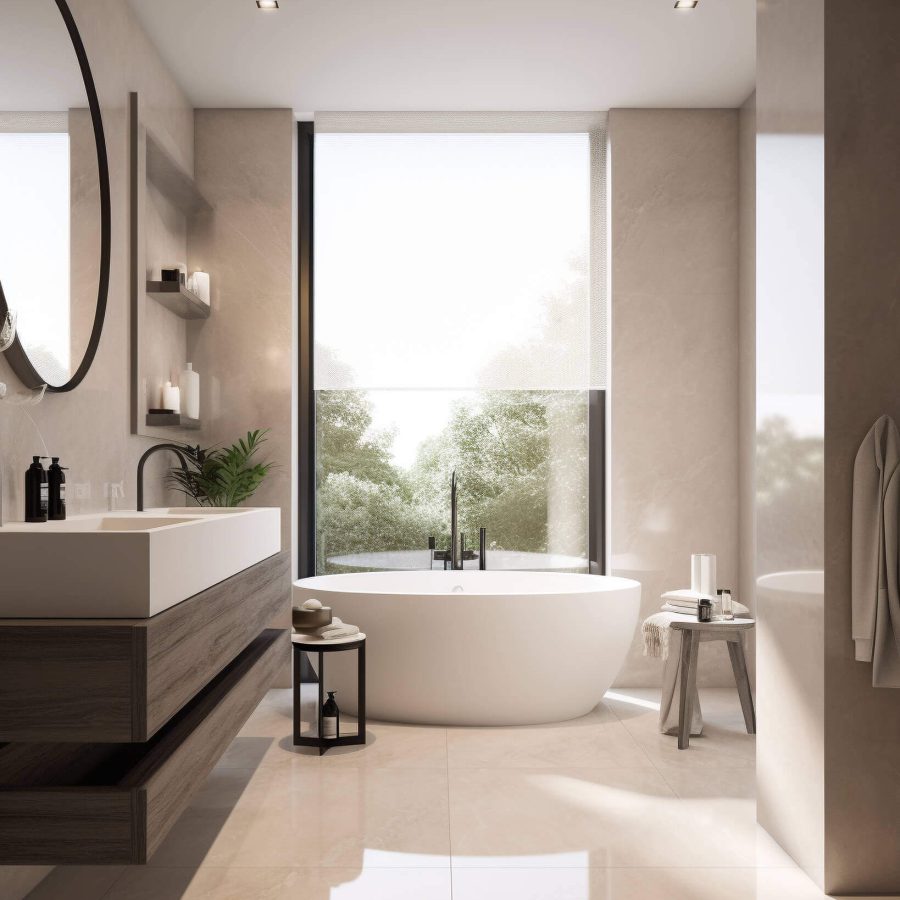 Helles, modernes Badezimmer mit großem Fenster